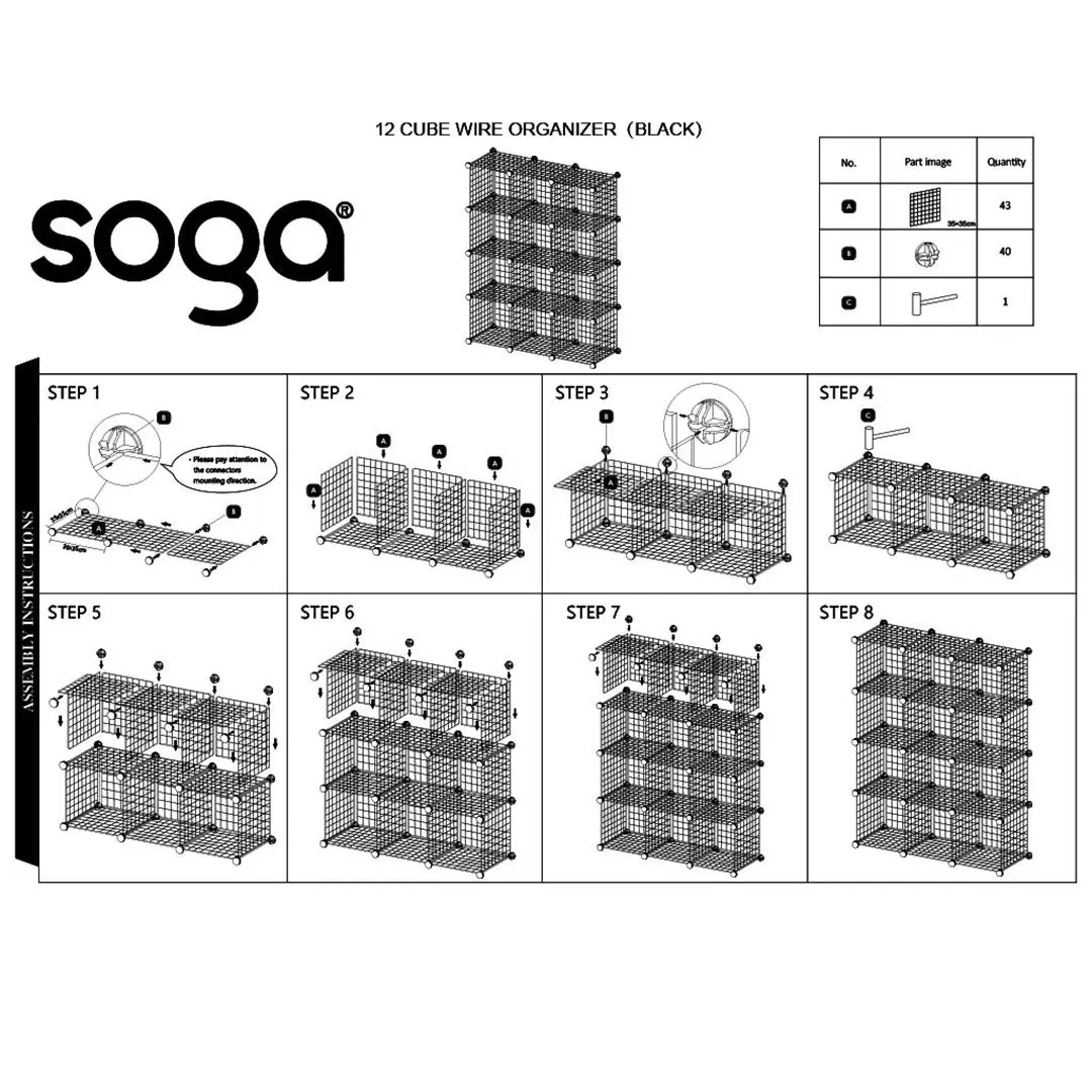 Soga Black Portable 12-Cube Storage Organiser Foldable DIY Modular Grid Space Saving Shelf