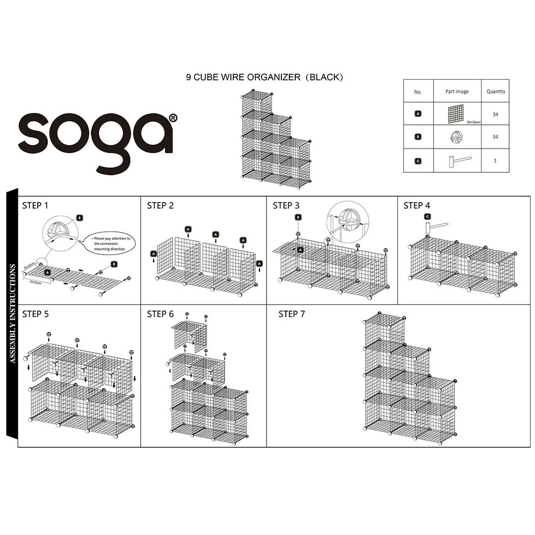 Soga Black Portable 9-Cube 3 Column Storage Organiser Foldable DIY Modular Grid Space Saving Shelf