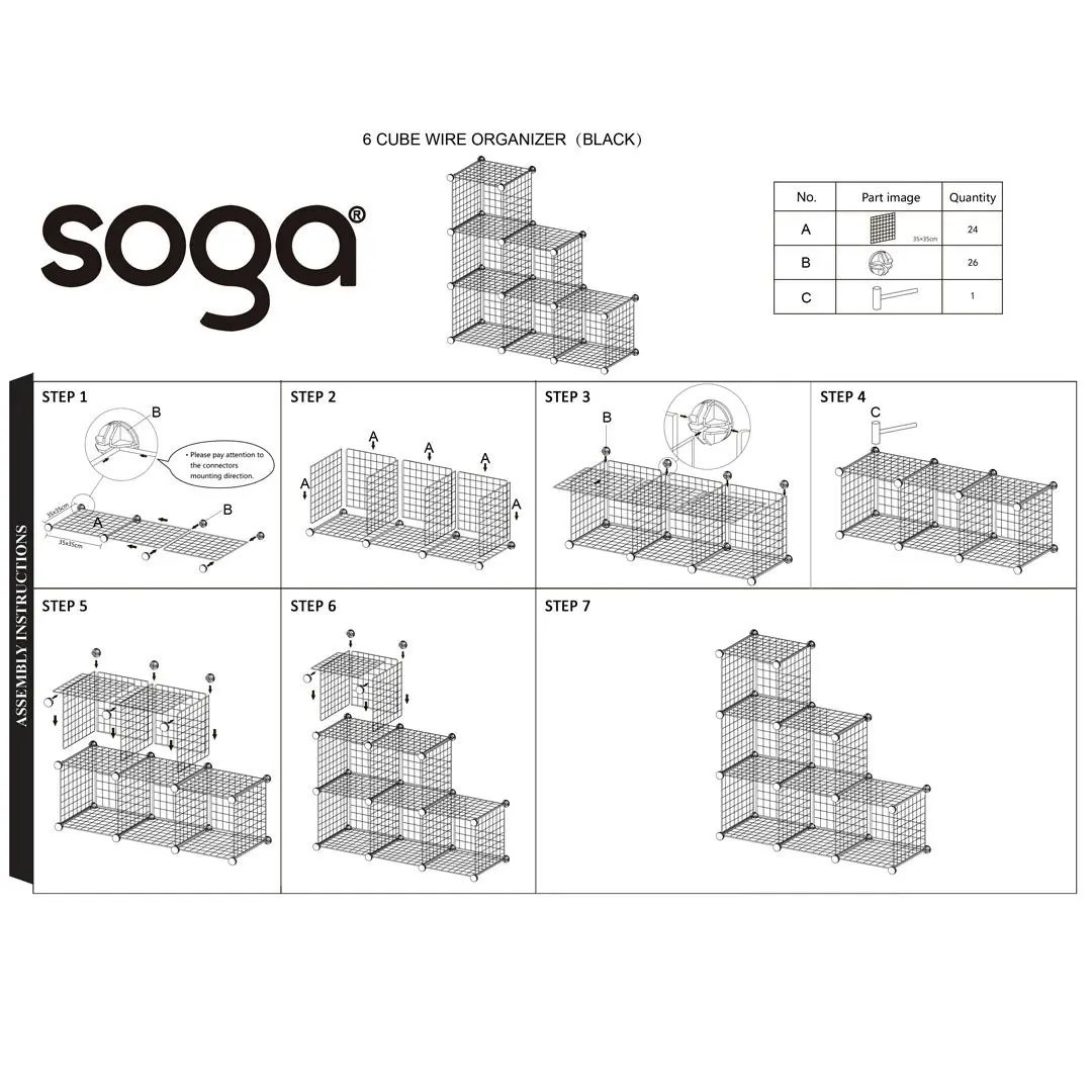 Soga Black Portable 6-Cube 3 Column Storage Organiser Foldable DIY Modular Grid Space Saving Shelf