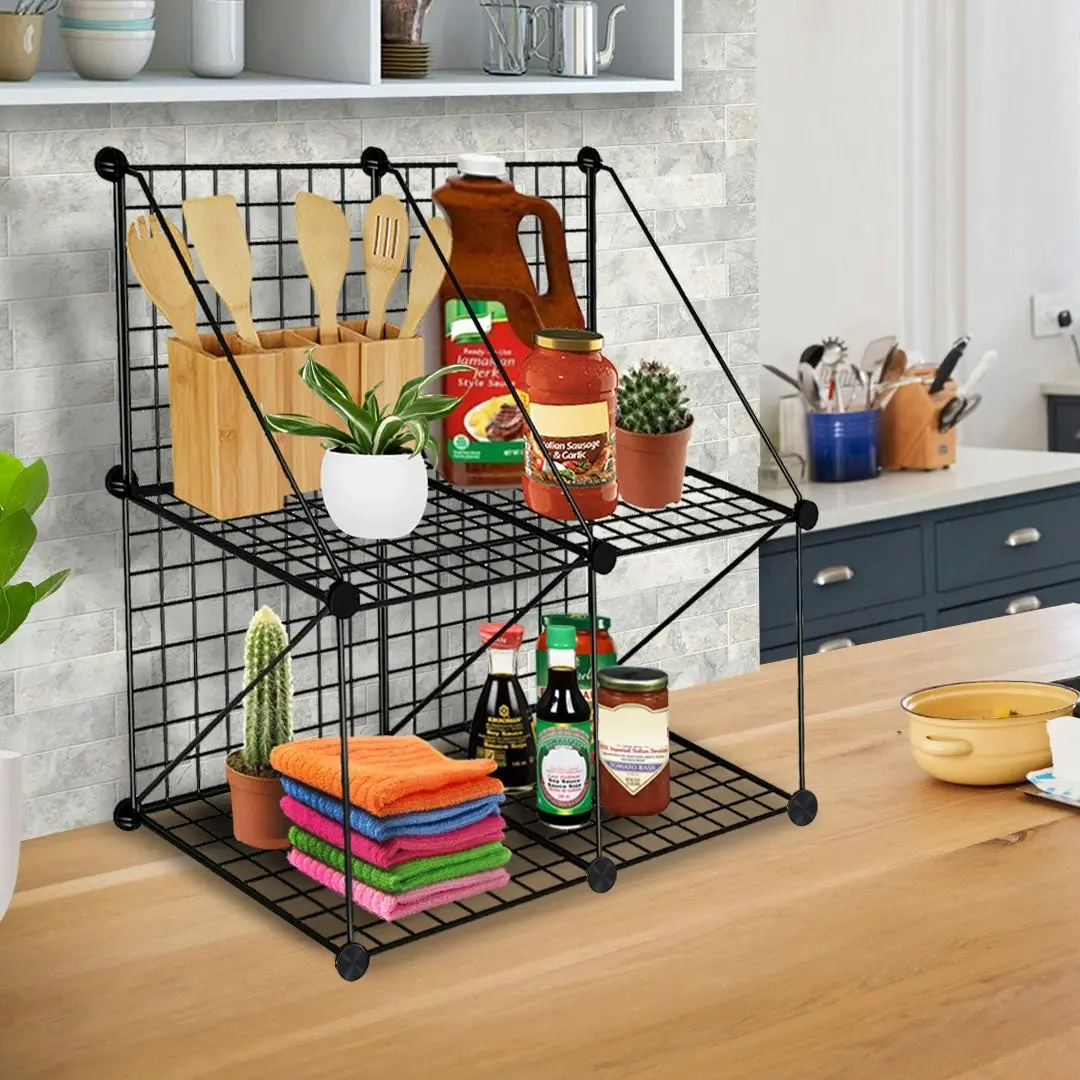 Soga Black Portable 4-Cube 2 Column Storage Organiser Foldable DIY Modular Grid Space Saving Shelf