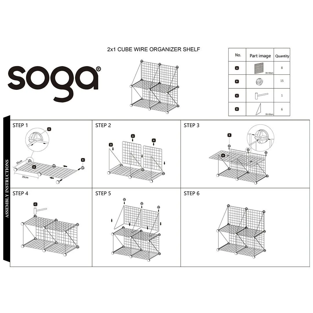 Soga Black Portable 4-Cube 2 Column Storage Organiser Foldable DIY Modular Grid Space Saving Shelf