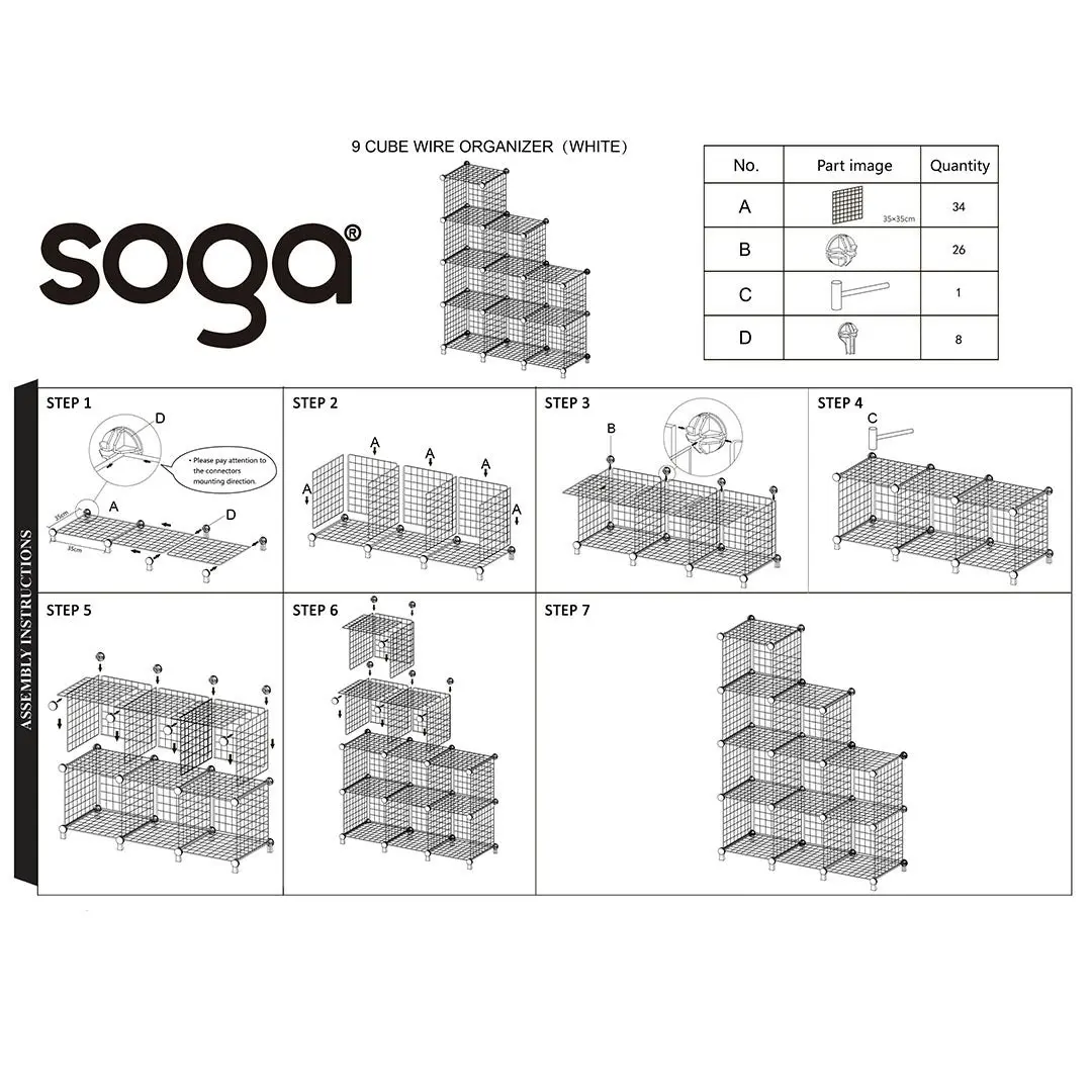 Soga White Portable 9-Cube 3 Column Storage Organiser Foldable DIY Modular Grid Space Saving Shelf 149cm