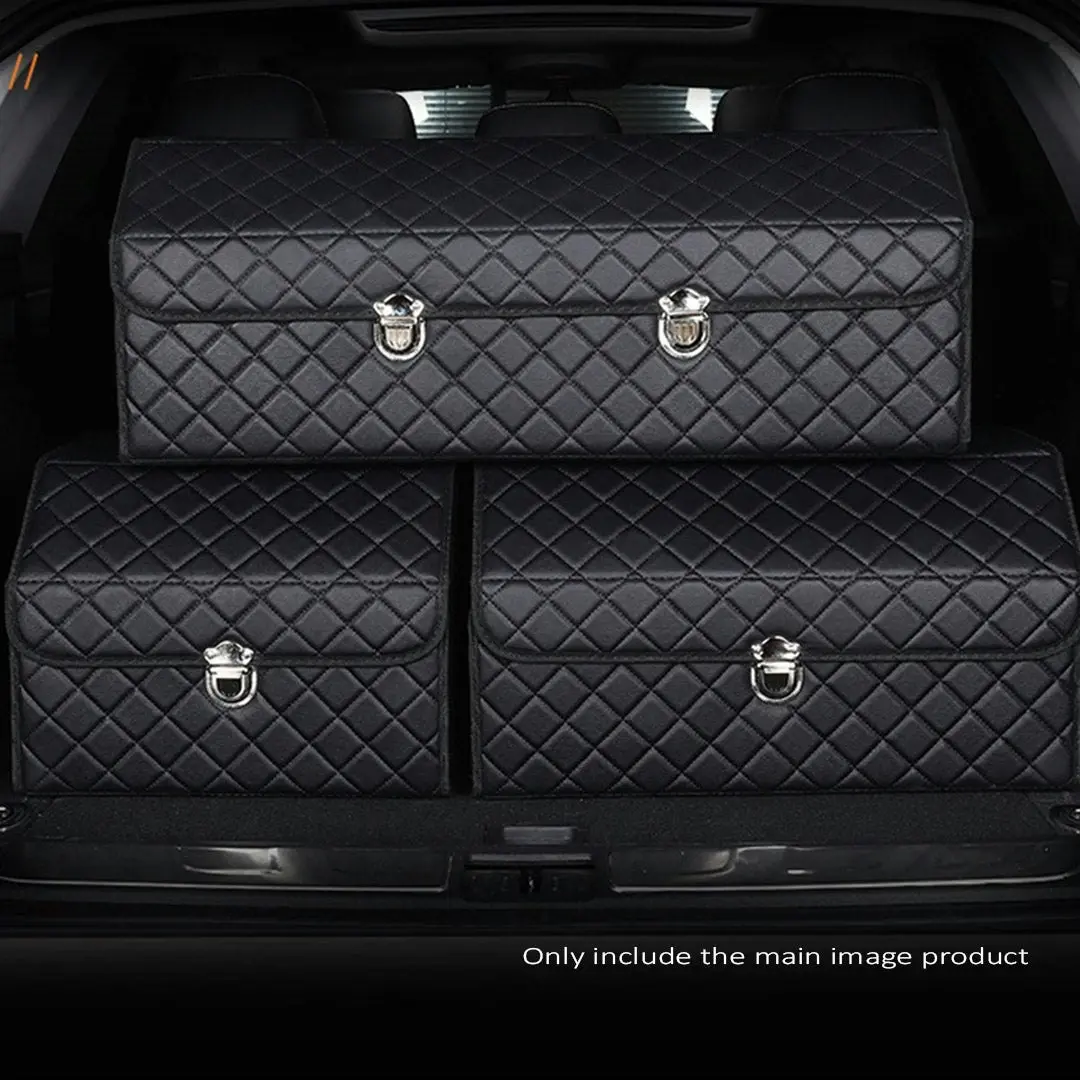 Soga Leather Car Boot Collapsible Foldable Trunk Cargo Organizer Portable Storage Box Black/White Stitch with Lock Large