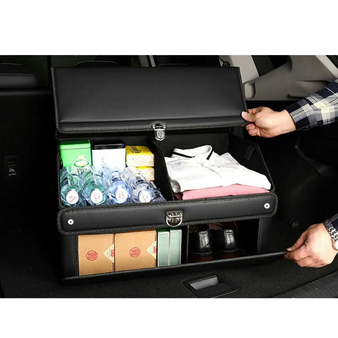 Soga 60cm Leather Car Boot Collapsible Foldable Trunk Cargo Organizer Portable Storage Box with Lock Black