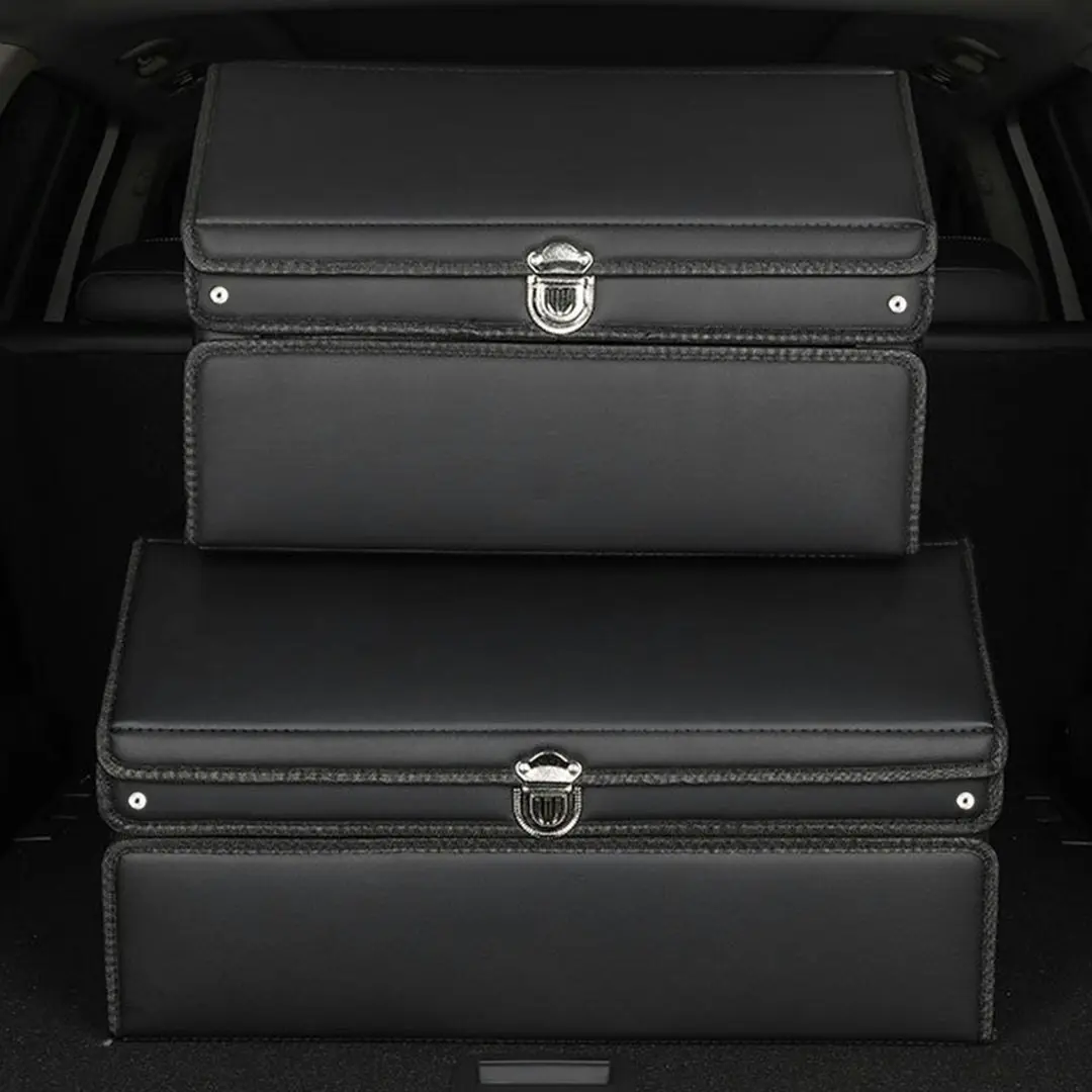 Soga 56cm Leather Car Boot Collapsible Foldable Trunk Cargo Organizer Portable Storage Box with Lock Black