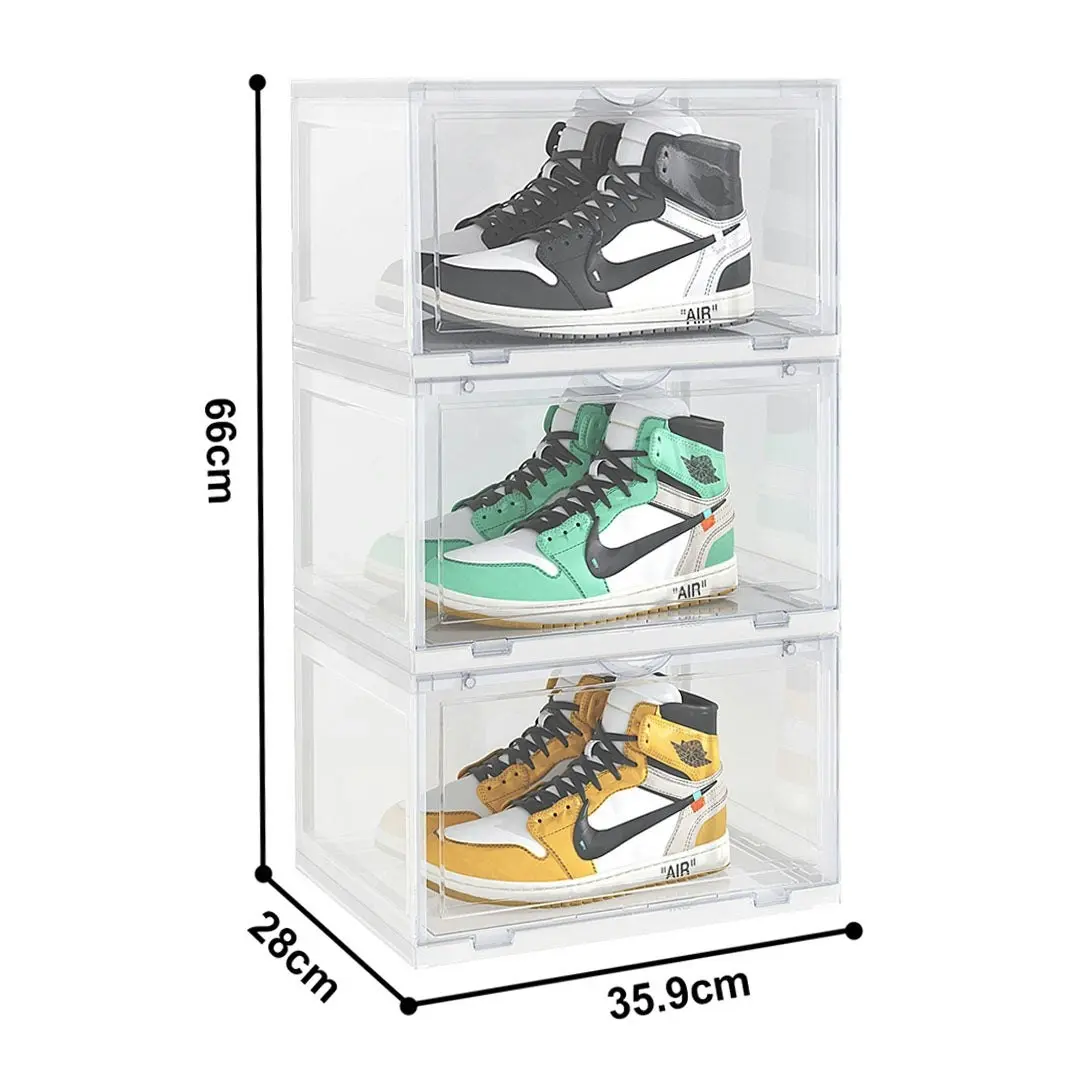 Soga 3 Tier Transparent Portable Shoe Organiser Sneaker Footwear Folding Plastic Bin Stackable Storage Box with Magnetic Door