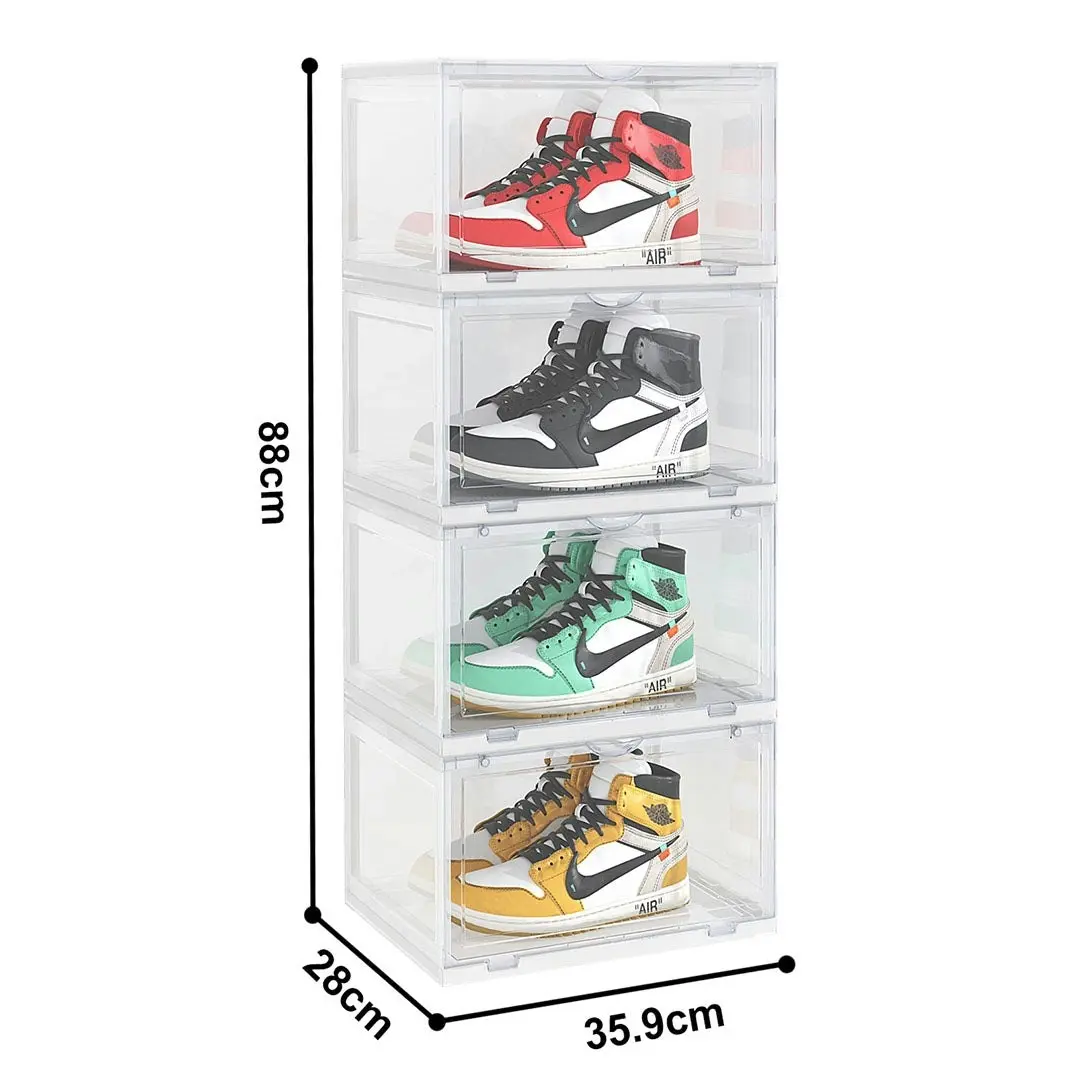 Soga 4 Tier Transparent Portable Shoe Organiser Sneaker Footwear Folding Plastic Bin Stackable Storage Box with Magnetic Door