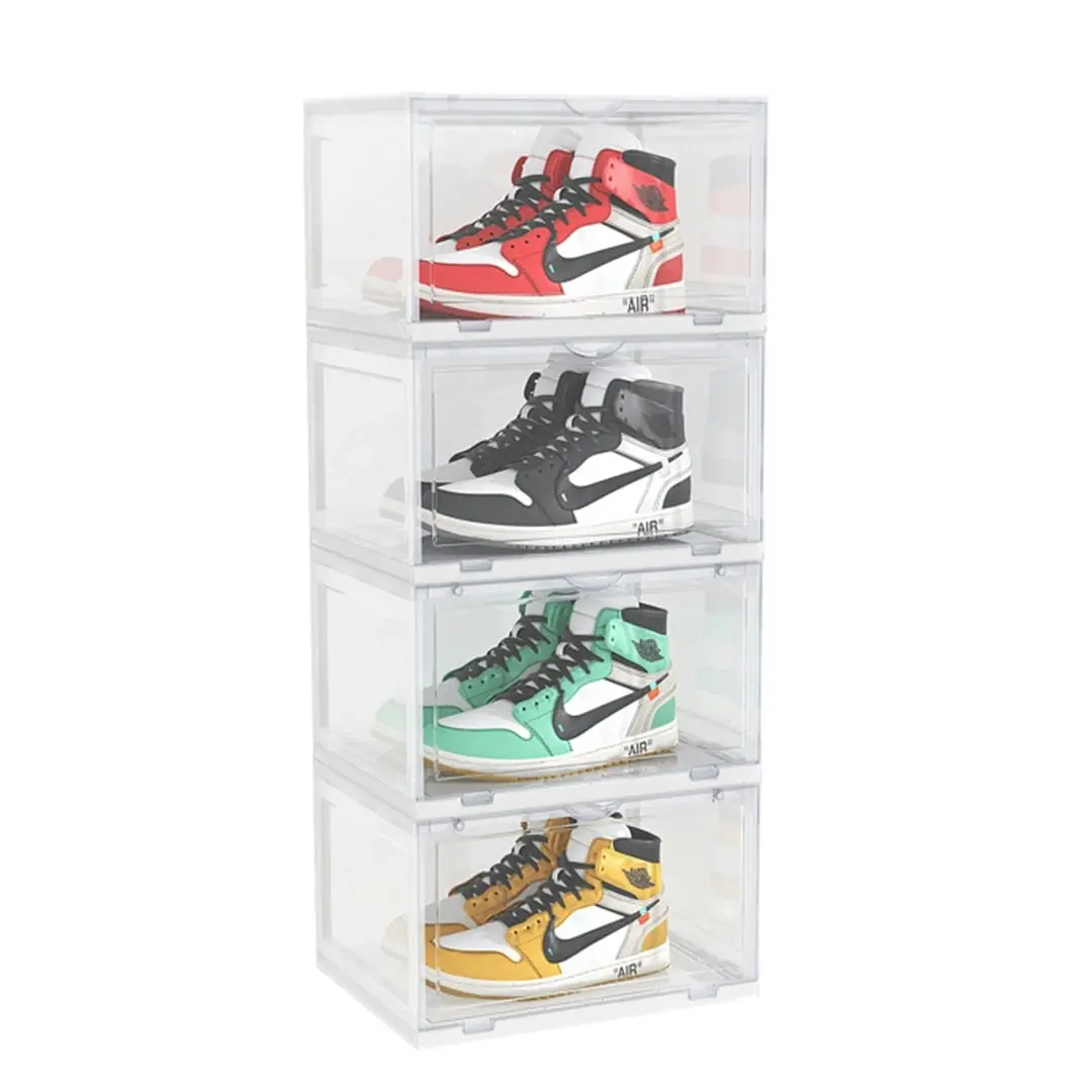 Soga 4 Tier Transparent Portable Shoe Organiser Sneaker Footwear Folding Plastic Bin Stackable Storage Box with Magnetic Door