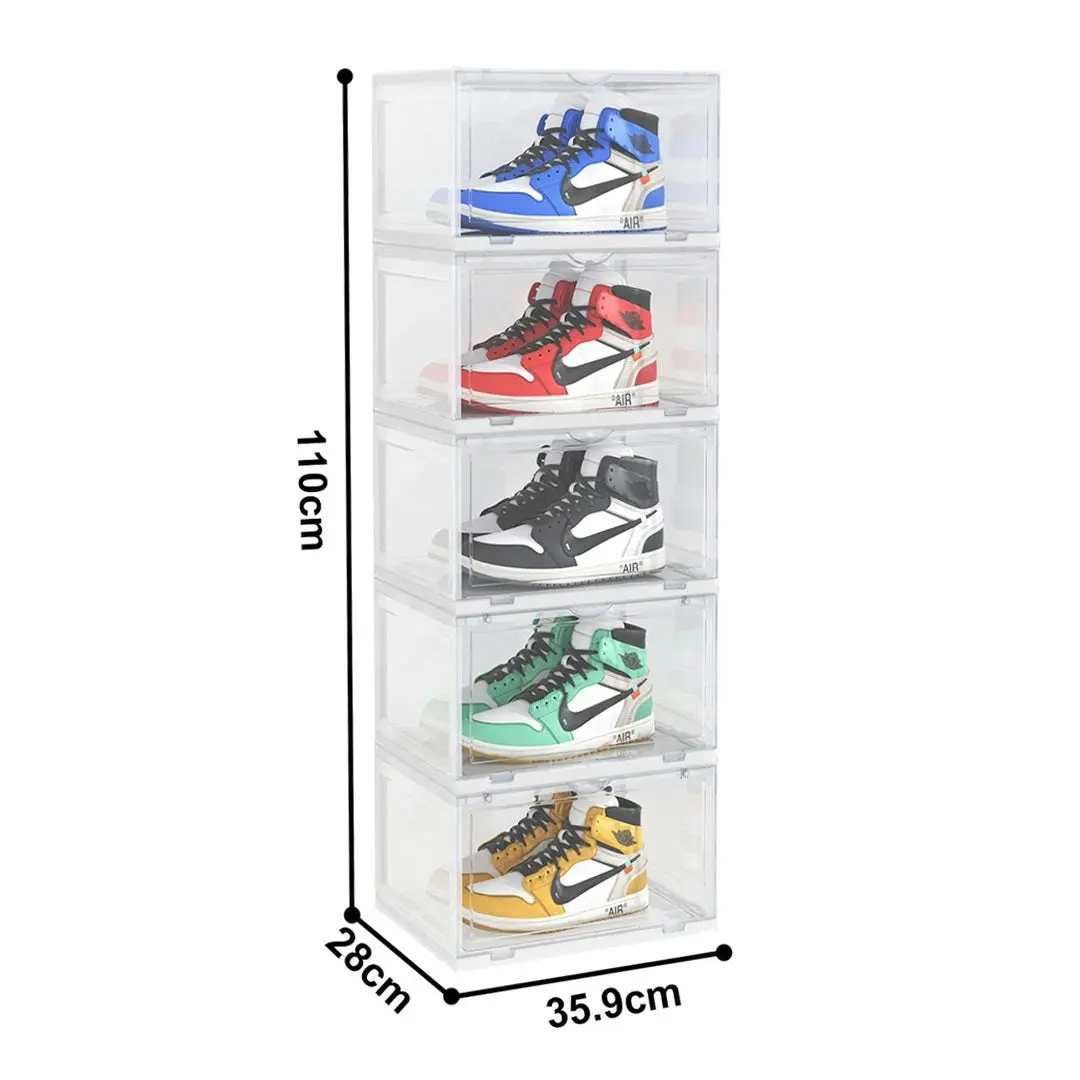 Soga 5 Tier Transparent Portable Shoe Organiser Sneaker Footwear Folding Plastic Bin Stackable Storage Box with Magnetic Door