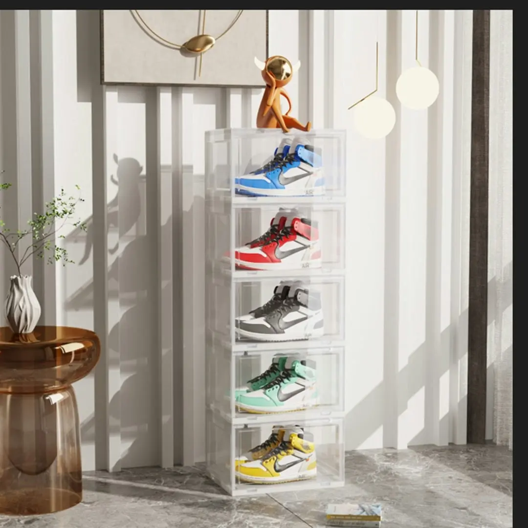 Soga 5 Tier Transparent Portable Shoe Organiser Sneaker Footwear Folding Plastic Bin Stackable Storage Box with Magnetic Door