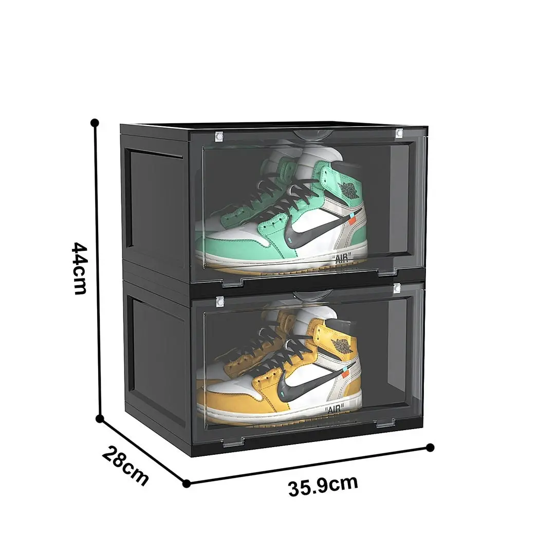 Soga 2 Tier Black Portable Shoe Organiser Sneaker Footwear Folding Plastic Bin Stackable Storage Box with Magnetic Door