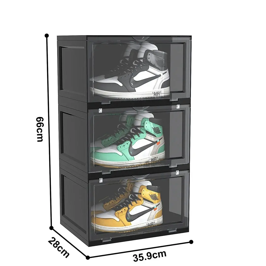 Soga 3 Tier Black Portable Shoe Organiser Sneaker Footwear Folding Plastic Bin Stackable Storage Box with Magnetic Door