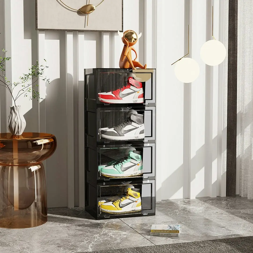 Soga 4 Tier Black Portable Shoe Organiser Sneaker Footwear Folding Plastic Bin Stackable Storage Box with Magnetic Door