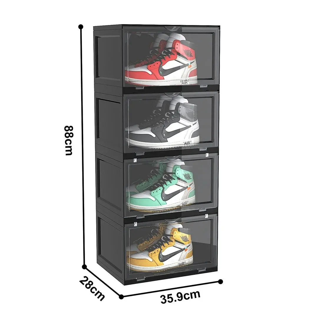 Soga 4 Tier Black Portable Shoe Organiser Sneaker Footwear Folding Plastic Bin Stackable Storage Box with Magnetic Door