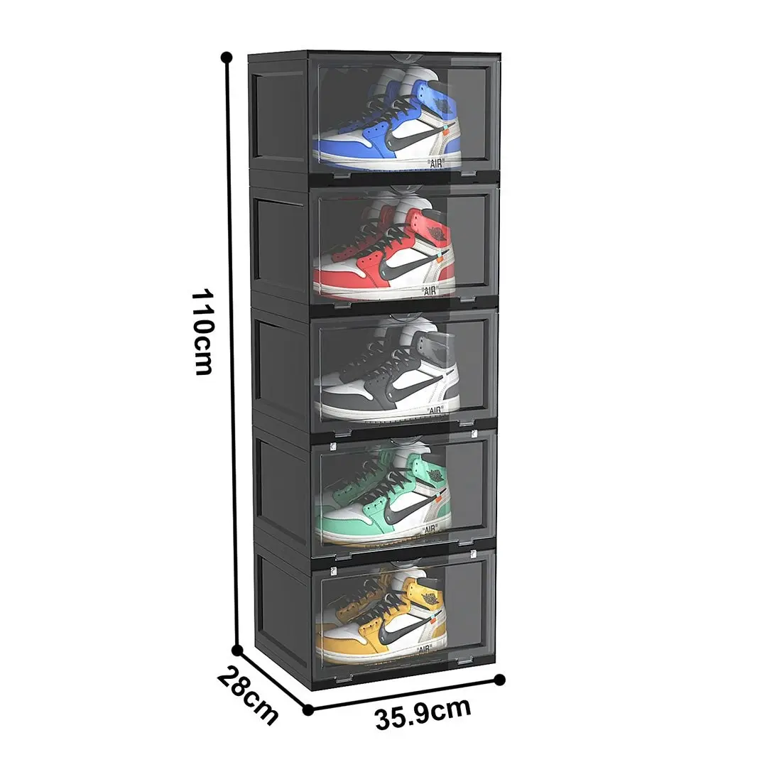 Soga 5 Tier Black Portable Shoe Organiser Sneaker Footwear Folding Plastic Bin Stackable Storage Box with Magnetic Door