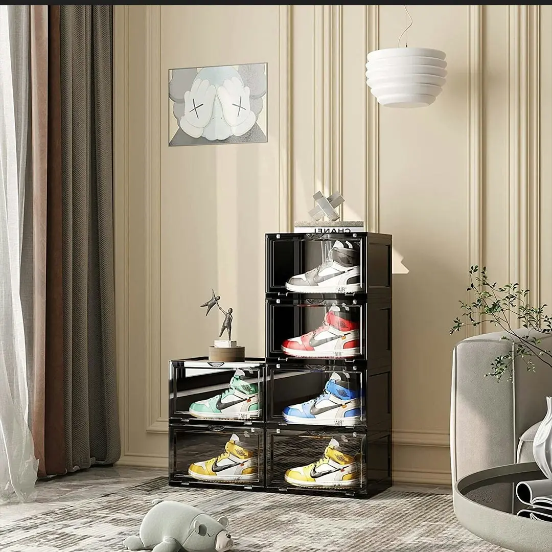 Soga 5 Tier Black Portable Shoe Organiser Sneaker Footwear Folding Plastic Bin Stackable Storage Box with Magnetic Door