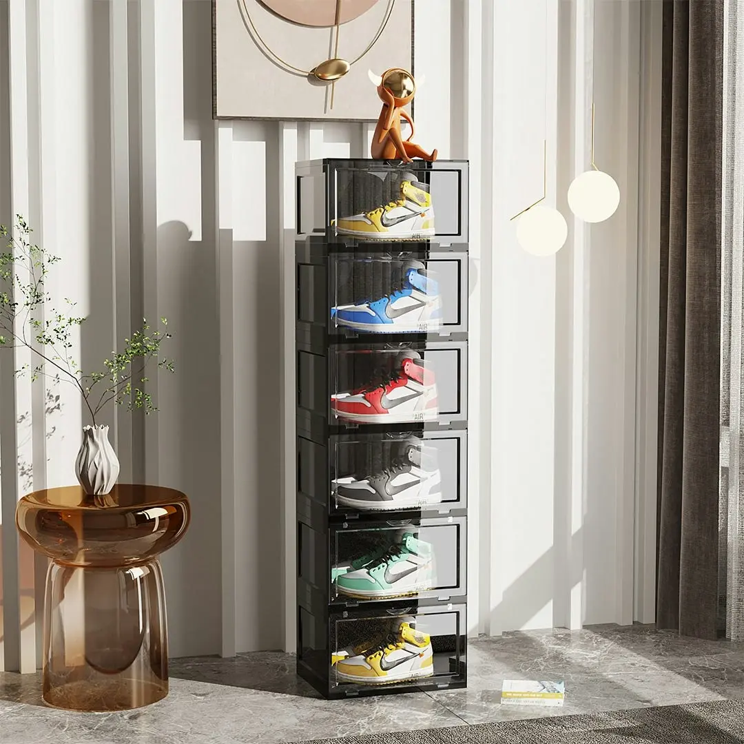 Soga 6 Tier Black Portable Shoe Organiser Sneaker Footwear Folding Plastic Bin Stackable Storage Box with Magnetic Door