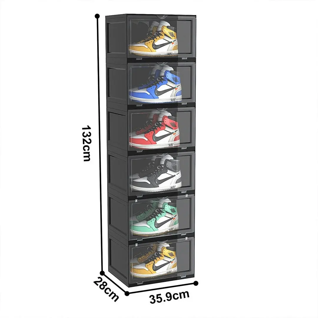 Soga 6 Tier Black Portable Shoe Organiser Sneaker Footwear Folding Plastic Bin Stackable Storage Box with Magnetic Door