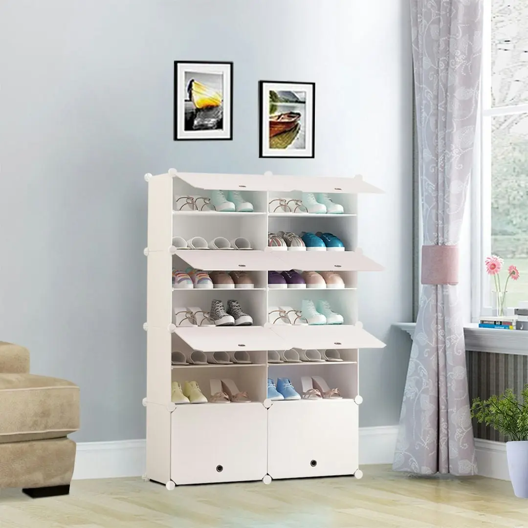 Soga 7 Tier 2 Column White Shoe Rack Organizer Sneaker Footwear Storage Stackable Stand Cabinet Portable Wardrobe with Cover