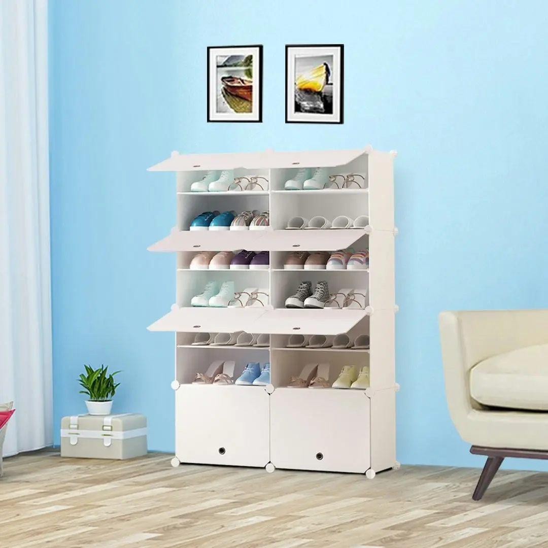 Soga 7 Tier 2 Column White Shoe Rack Organizer Sneaker Footwear Storage Stackable Stand Cabinet Portable Wardrobe with Cover