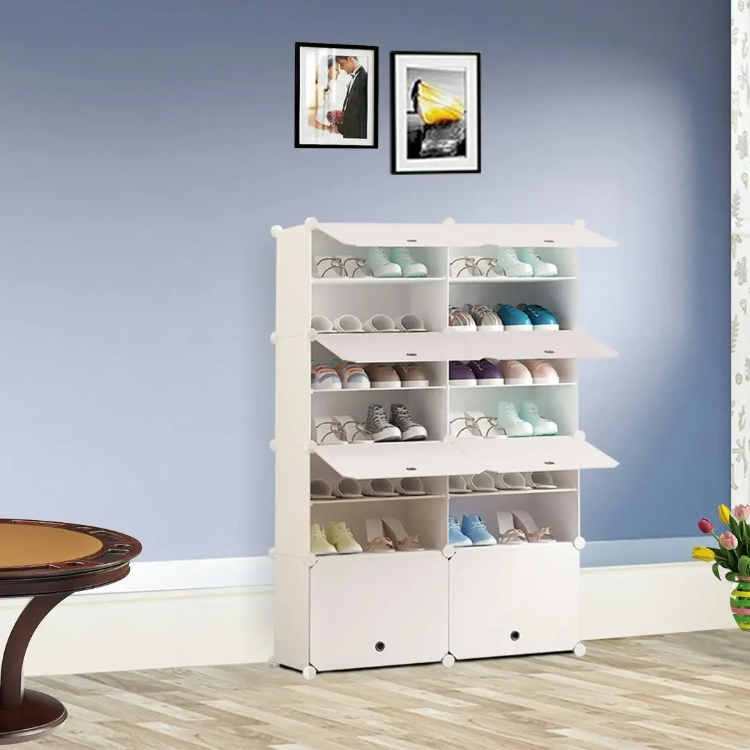 Soga 7 Tier 2 Column White Shoe Rack Organizer Sneaker Footwear Storage Stackable Stand Cabinet Portable Wardrobe with Cover