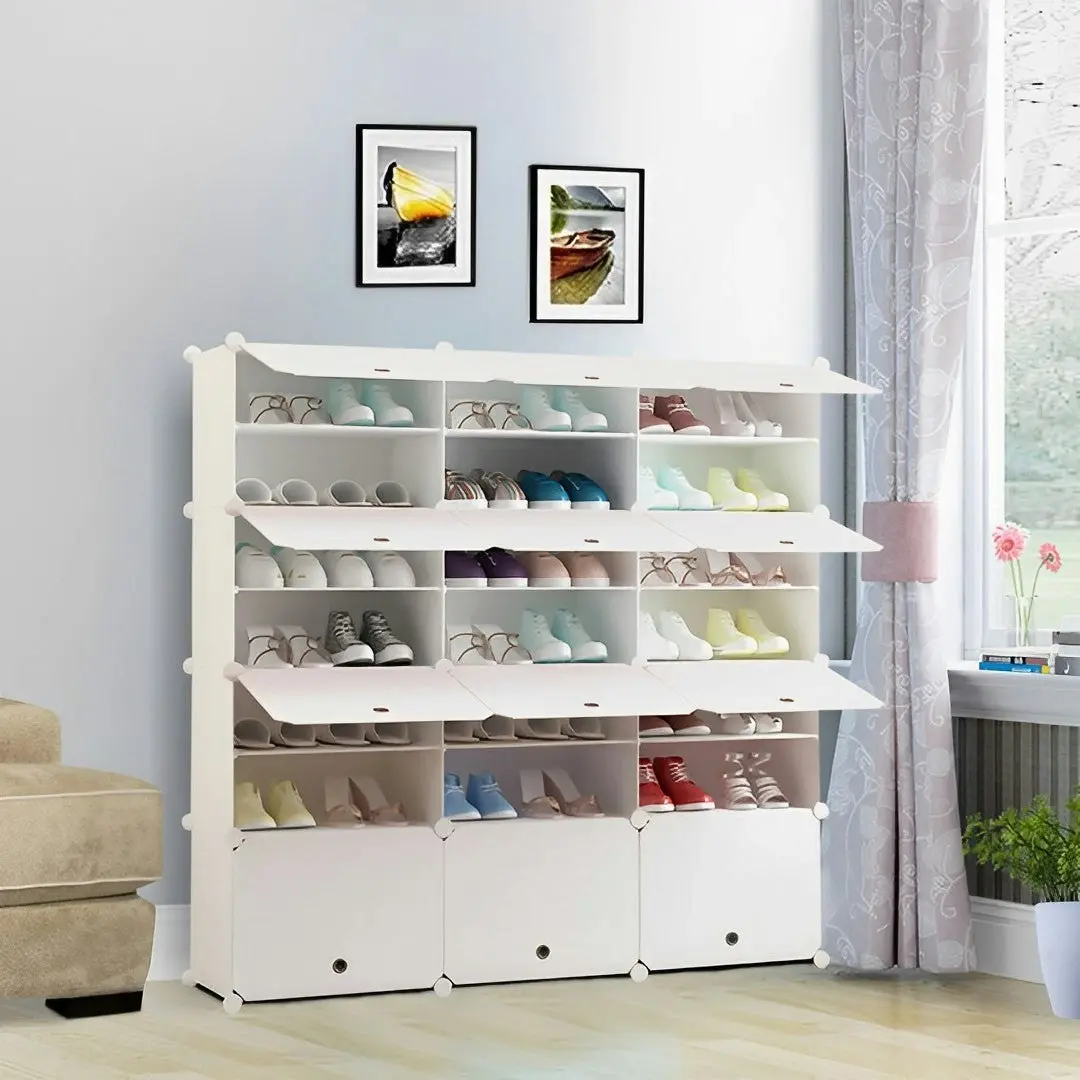 Soga 7 Tier 3 Column White Shoe Rack Organizer Sneaker Footwear Storage Stackable Stand Cabinet Portable Wardrobe with Cover