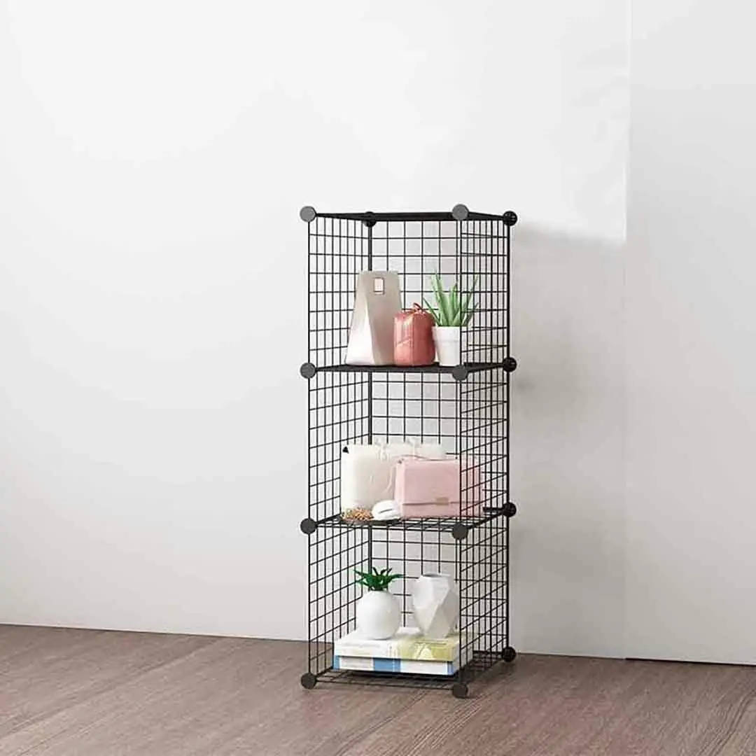 Soga Black Portable 3 Tier Cube Storage Organiser Foldable DIY Modular Grid Space Saving Shelf