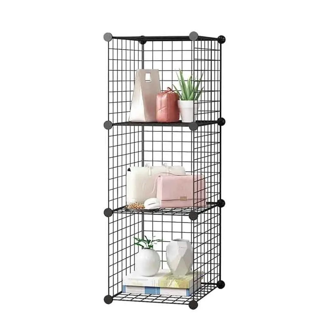 Soga Black Portable 3 Tier Cube Storage Organiser Foldable DIY Modular Grid Space Saving Shelf