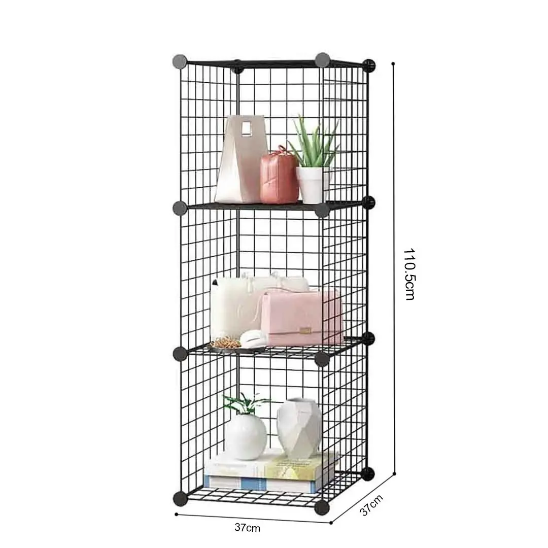 Soga Black Portable 3 Tier Cube Storage Organiser Foldable DIY Modular Grid Space Saving Shelf