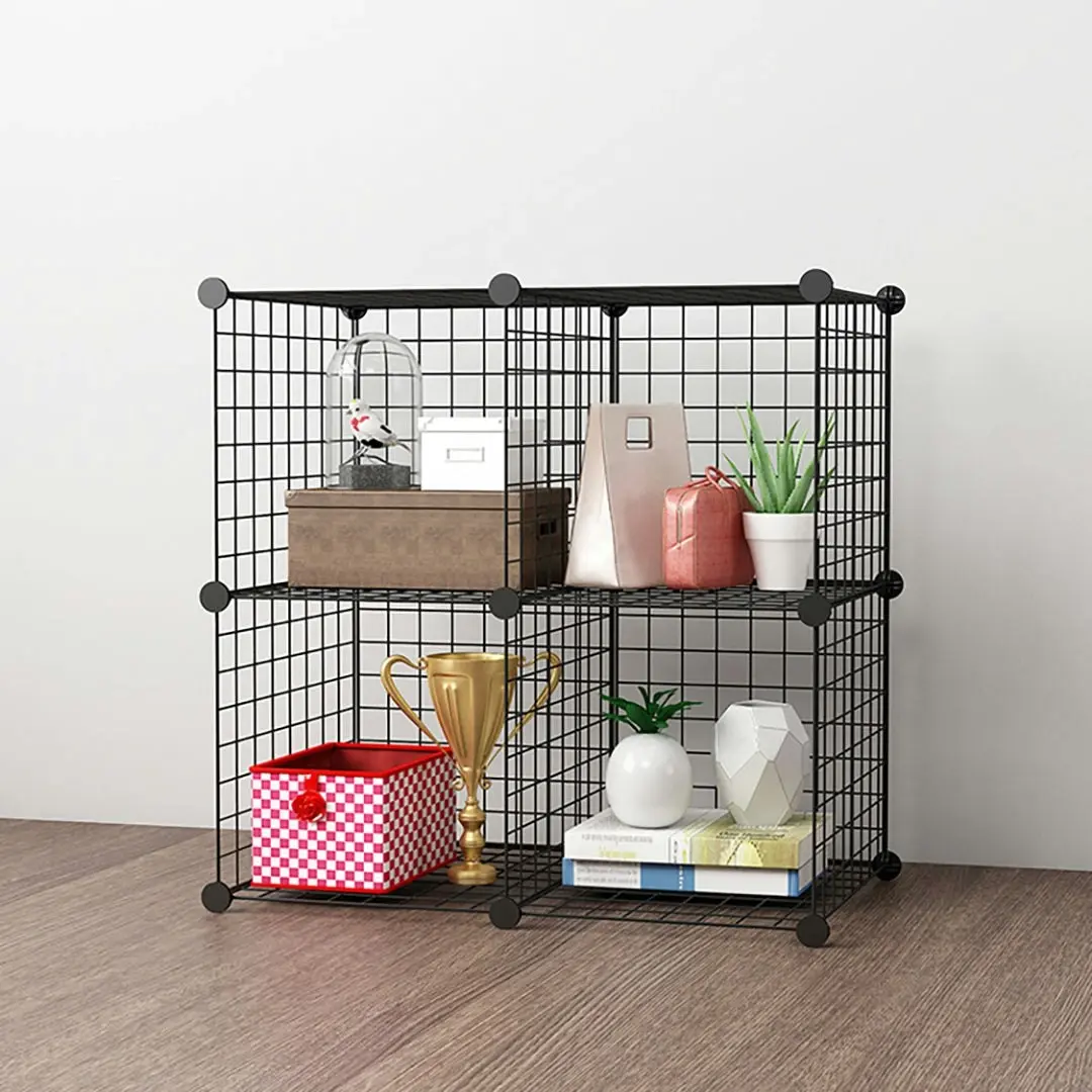 Soga Black Portable 4-Cube Storage Organiser Foldable DIY Modular Grid Space Saving Shelf