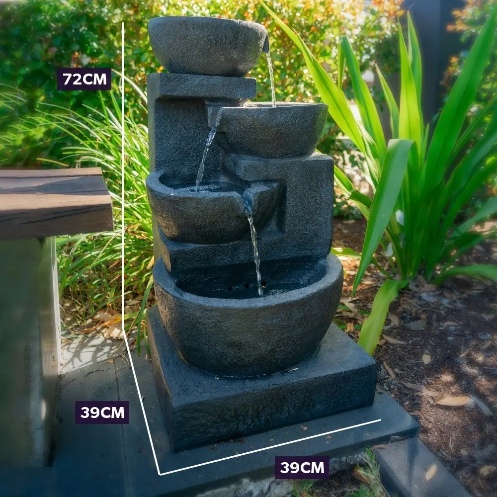 Protege 4 Bowl Solar Powered Water Feature Fountain with LED Lights - Charcoal