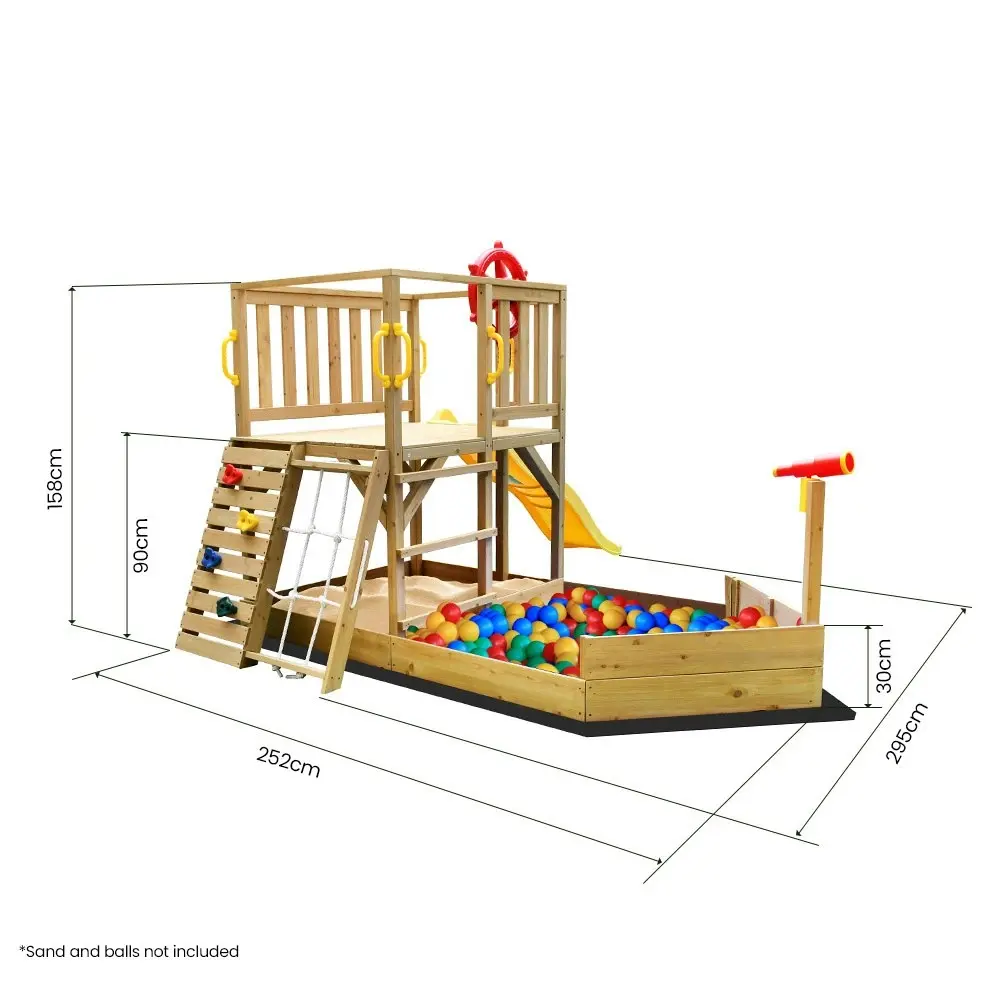 Rovo Kids Boat-Shaped Wooden Sand Pit Tower with Slide and Climbing Wall