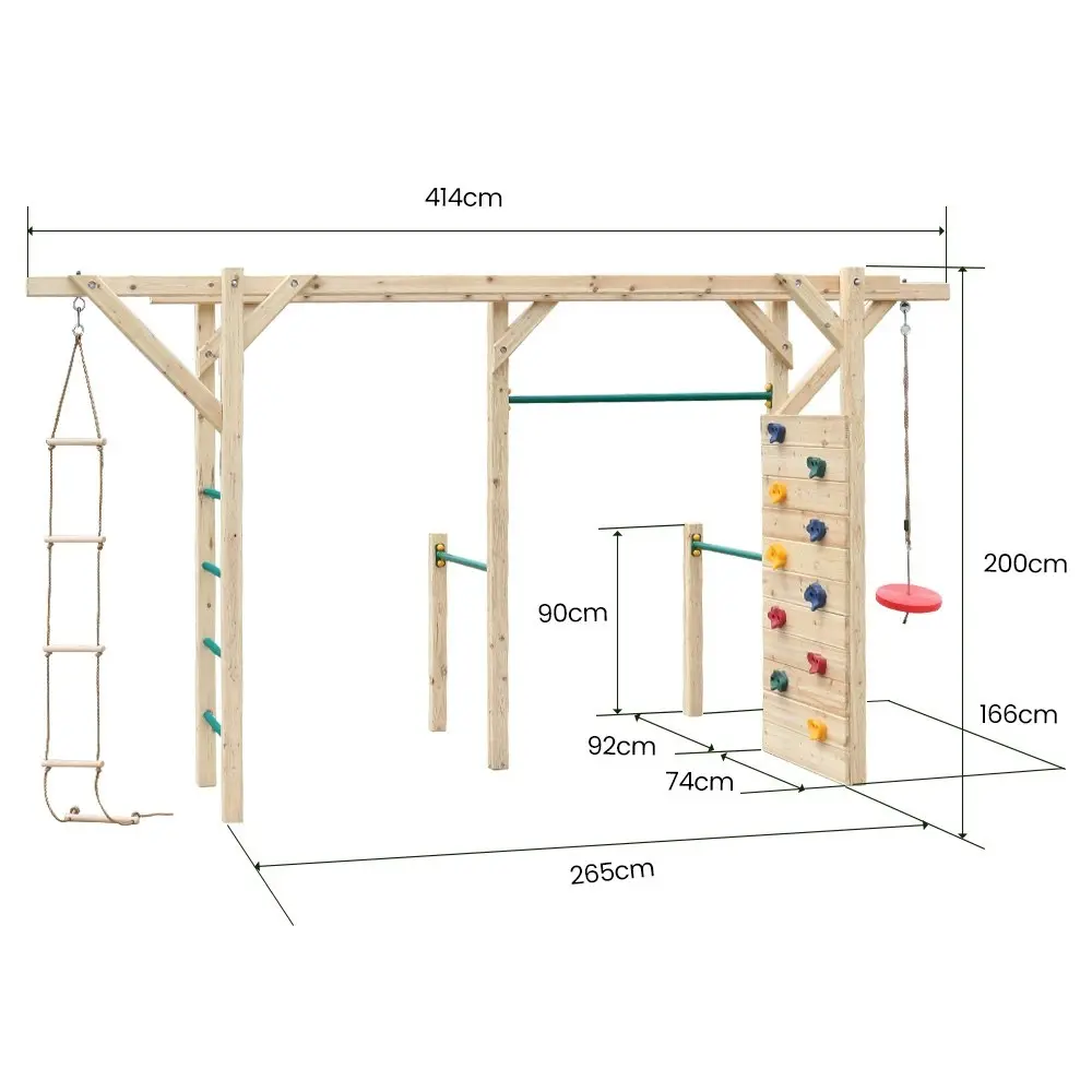 Rovo Kids Monkey Bars Wooden Climbing Frame Set, with Climbing Wall, Disc Swing, Rope Ladder