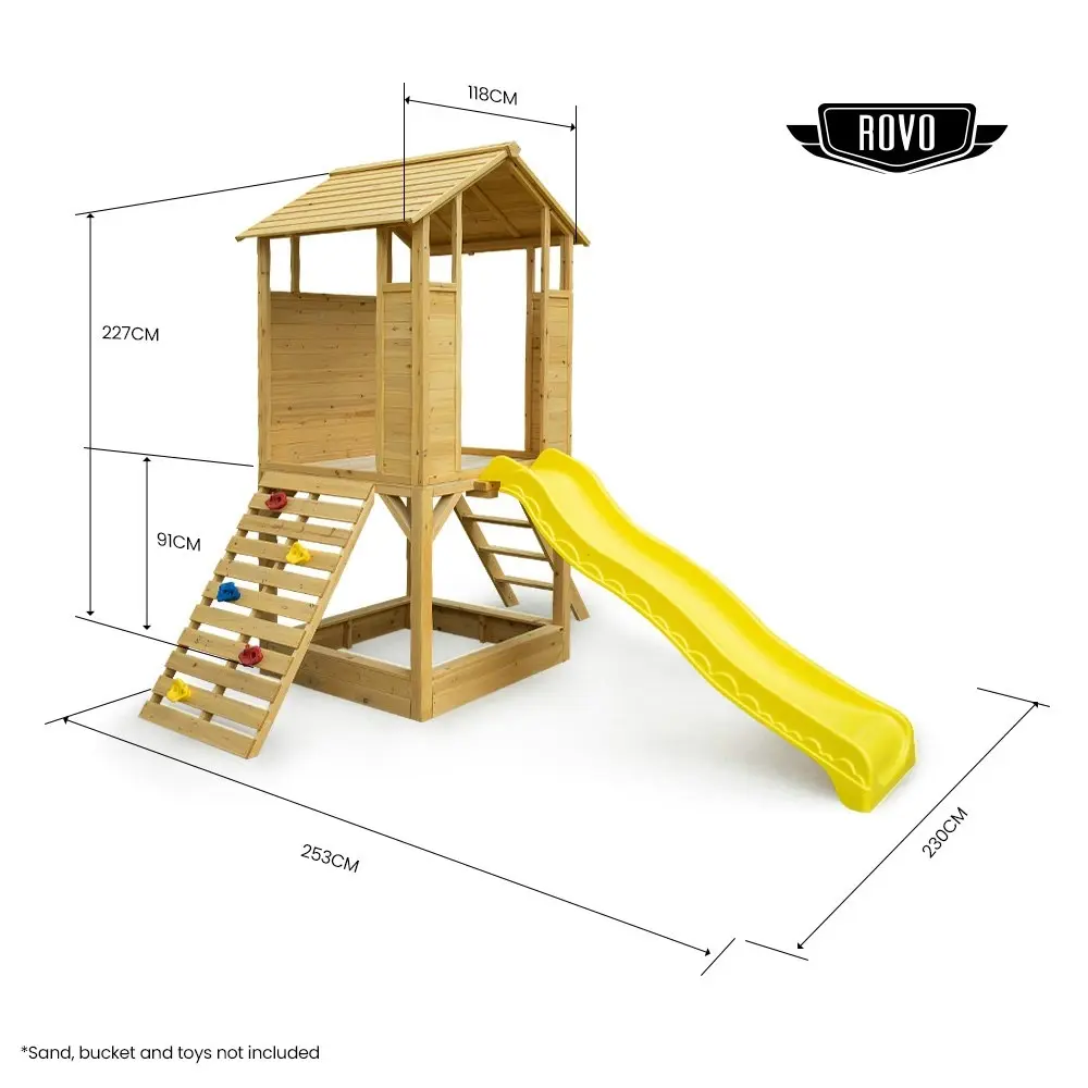 Rovo Kids Wooden Outdoor Play Equipment Cubby House Slide Sandpit Climbing Wall