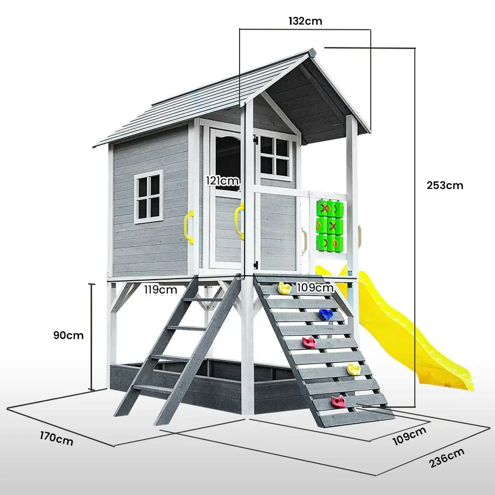 Rovo Kids Wooden Tower Cubby House with Slide, Sandpit, Climbing Wall, Noughts & Crosses