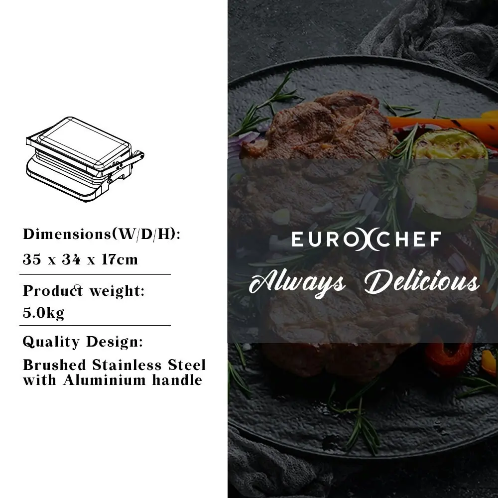 EuroChef Smart Multi-Function Contact Grill Griddle Panini Sandwich Press Waffle Maker