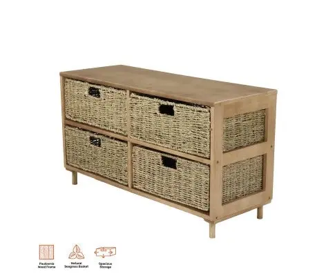 4 Drawer Natural Seagrass Wooden Storage Chest Stylish 46cm