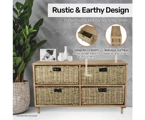 4 Drawer Natural Seagrass Wooden Storage Chest Stylish 46cm