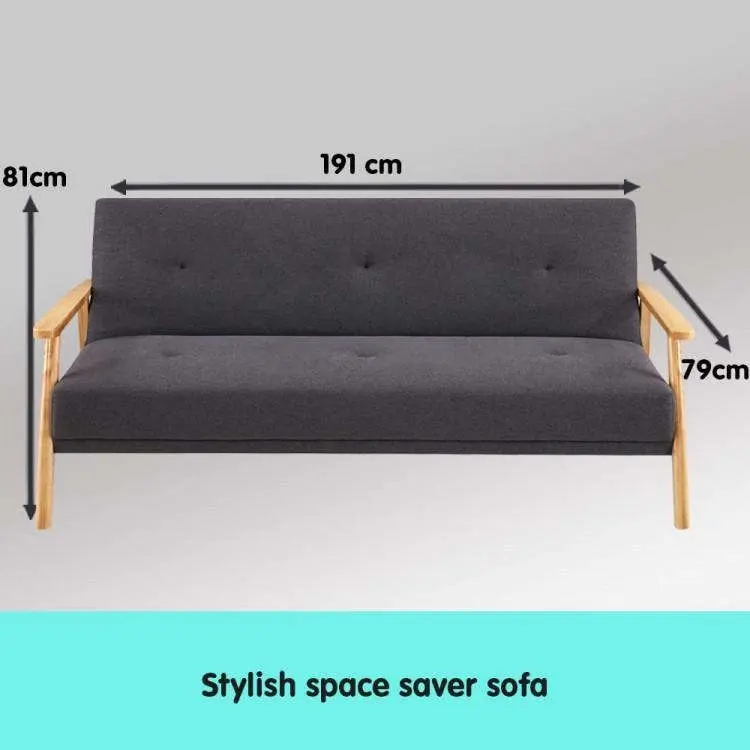 Three Seater Linen Fabric Sofa Bed Lounge Couch Futon   Dark Grey