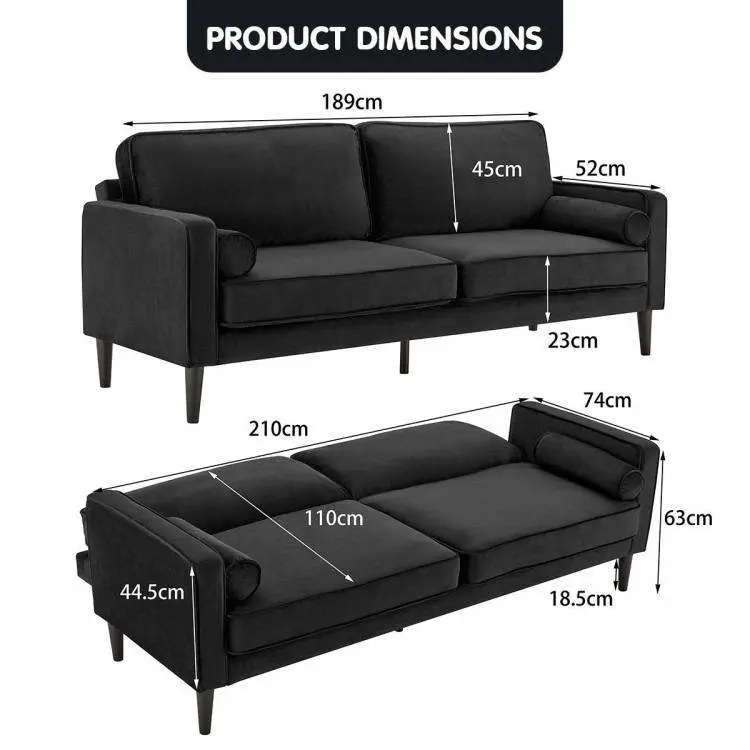 Sarantino 3 Seater Faux Velvet Sofa Bed Couch Furniture Lounge   Black