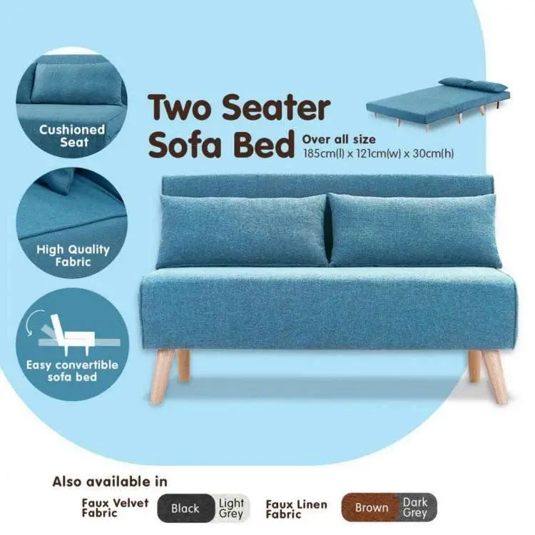 2 Seater Adjustable Sofa Bed Lounge Faux Velvet Fabric   Blue