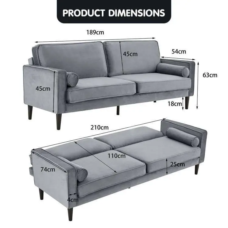 Sarantino Faux Velvet Sofa Bed Couch Furniture Lounge Suite Seat Grey