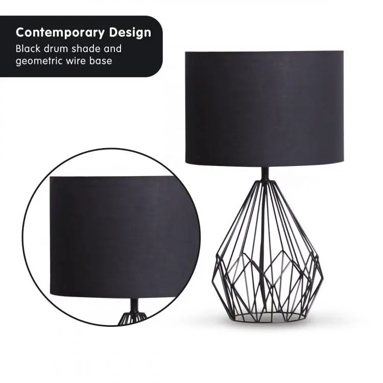 Metal Wire Table Lamp In Black Finish With Black Drum Shade