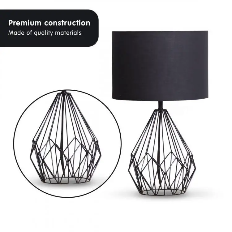 Metal Wire Table Lamp In Black Finish With Black Drum Shade