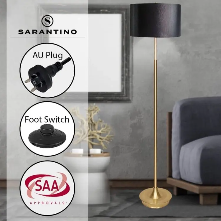 Sarantino Metal Floor Lamp In Brushed Brass Finish Black Linen Shade