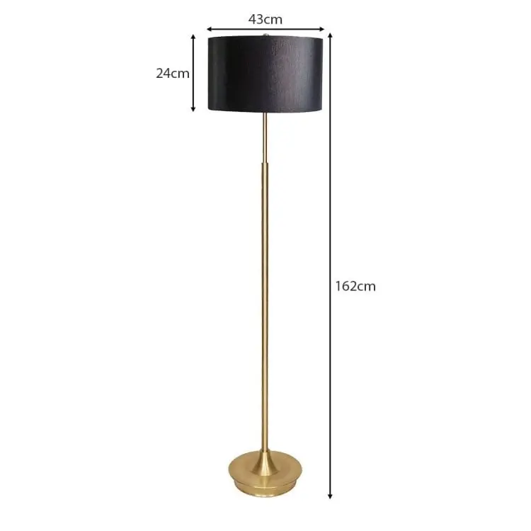 Sarantino Metal Floor Lamp In Brushed Brass Finish Black Linen Shade