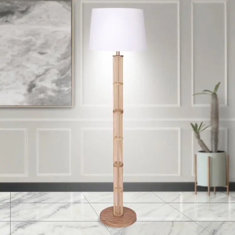 Sarantino Rattan Floor Lamp With Off White Linen Shade