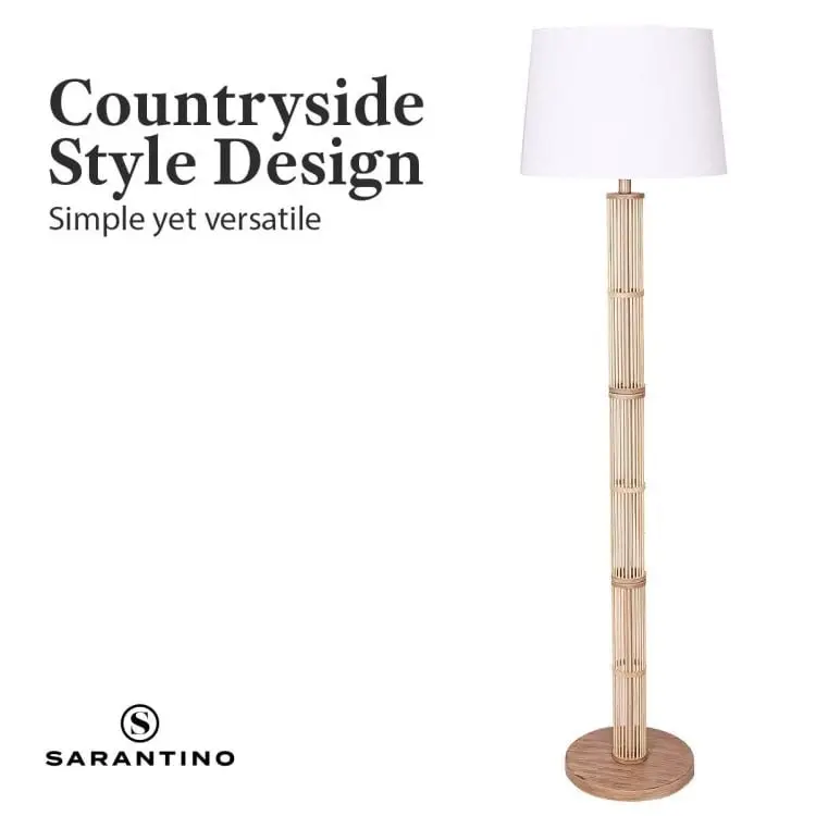 Sarantino Rattan Floor Lamp With Off White Linen Shade