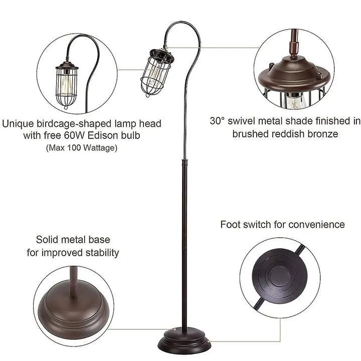 Industrial Floor Lamp with Adjustable Cage Shade in Bronze Finish