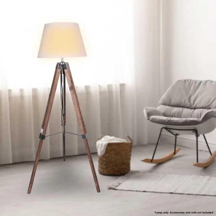 Solid Wood Tripod Floor Lamp Adjustable Height White Linen Taper Shade